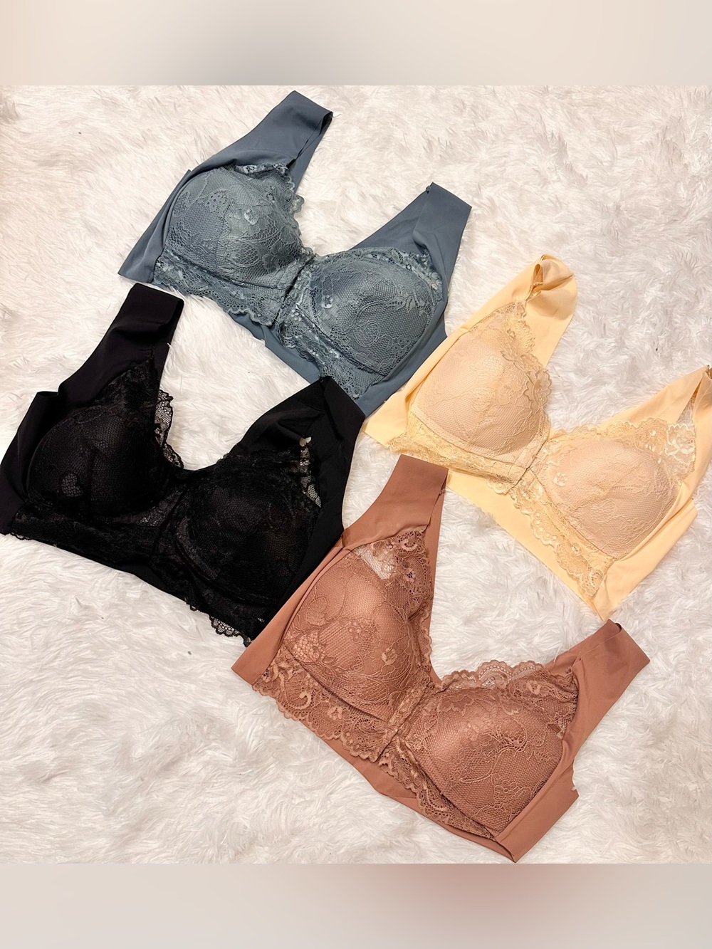 NWOT SET of 4 Lace Comfort Bralettes - Black, Blue-Grey, Cream, Mocha